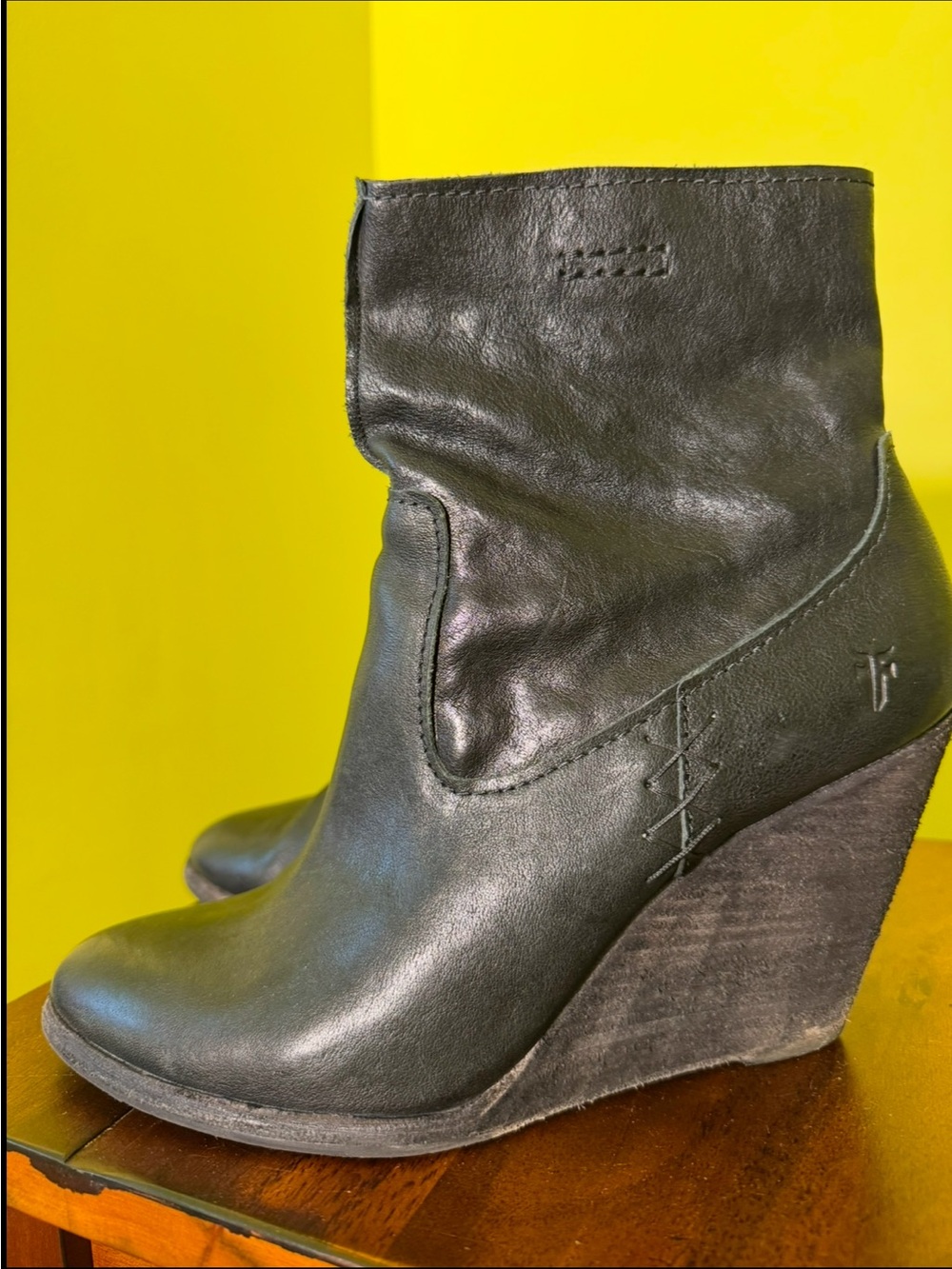 Frye Black Leather Wedge Ankle Boots